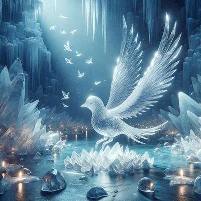 The primary subject of the image is a white bird, possibly a dove, with wings spread out. The bird is standing on a body of water, surrounded by a beautiful and serene environment. The setting includes a cave, ice, and a waterfall, creating a stunning and majestic backdrop. The visual style of the image is digital art, with the bird and its surroundings depicted in a realistic and detailed manner. The colors and mood of the image are predominantly white and blue, giving it a peace